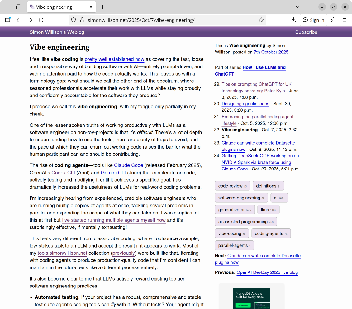 Screenshot of Simon Willison's article
